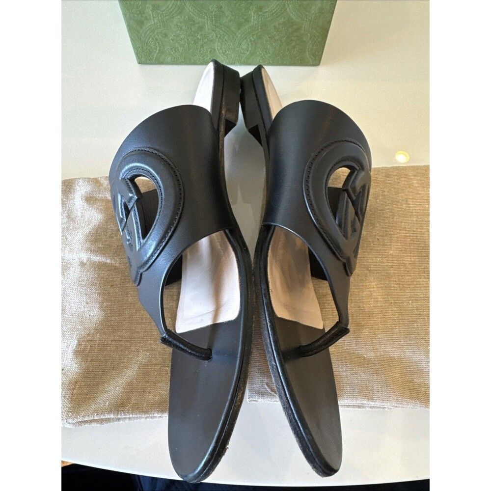 Gucci Black Leather GG Interlocking Cut Out Thong Sandals EU 38.5 US 8.5 - Picture 5 of 11